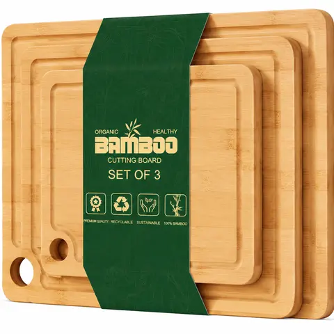 AISOON Kitchen 3-Piece Organic Natural Bamboo Square Cutting Board Set (XL/Med/Small) - Grip Handles, Juice Groove, Eco-Friendly, Non-Toxic, BPA-Free, Anti-Scratch, Knife-Safe, Durable, Lightweight, Dishwasher Safe, for Meal Prep, Cheeseboard Entertaining