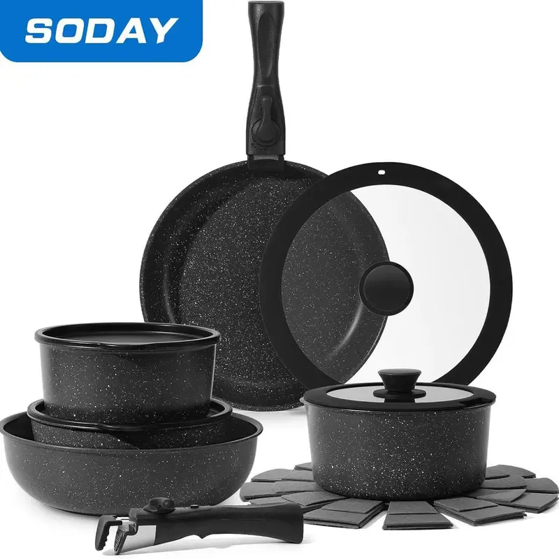 SODAY 15pcs Pots and Pans Set Non Stick, Cookware Sets with Detachable Handle, Nonstick RV Kitchen Cooking Set Removable Handles, Oven Safe,Stackable, Frying, Kitchenware,stock up on specials,Valentines Day gifts