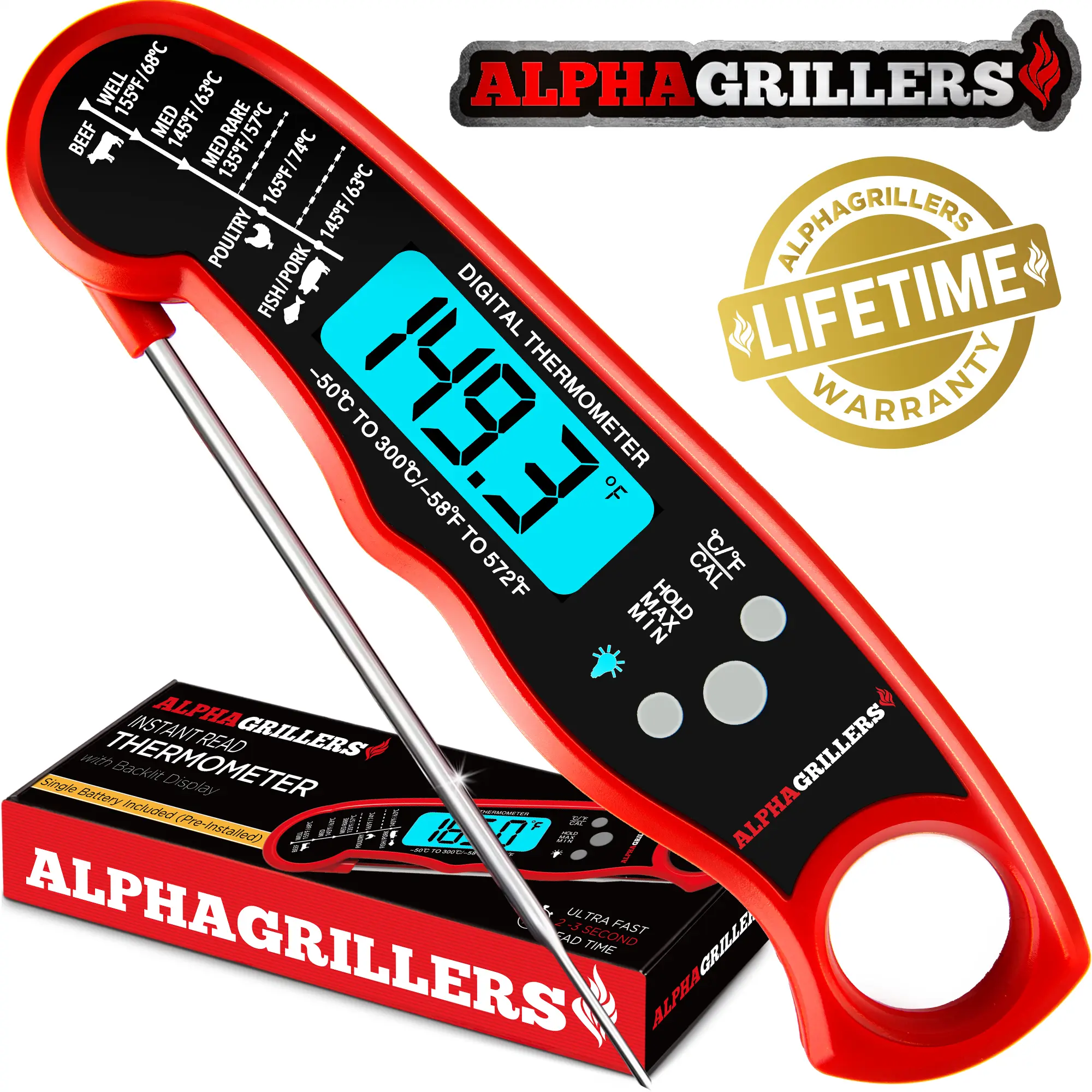 Alpha Grillers Instant Read Meat Thermometer – Waterproof Kitchen Gadget & Accessory, Foldable Stainless Steel, Lifetime Warranty Perfect for BBQ, Baking, Air Fryer, Kitchen Utensils, Back to School