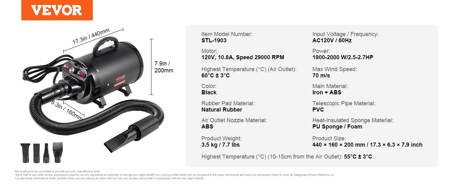 VEVOR Dog Dryer, TikTokShopBlackFriday, 2000W/2.7HP Dog Blow Dryer, Pet Grooming Dryer with Adjustable Speed and Temperature Control, Pet Hair Dryer with 4 Nozzles and Extendable Hose, Black