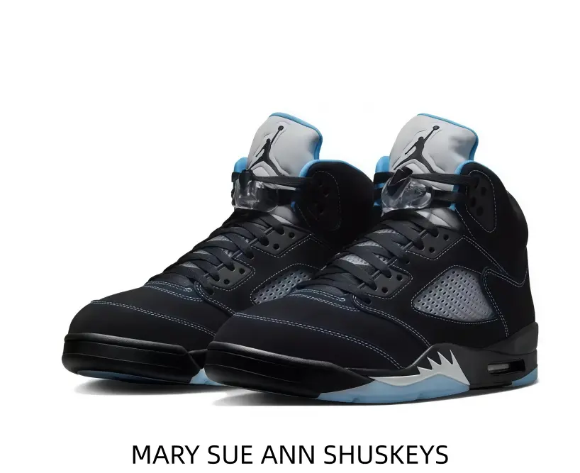 Sleek black suede upper with light blue stitching detailing, breathable mesh side window panels, iconic jagged shark tooth trim, classic high-top retro basketball sneaker silhouette