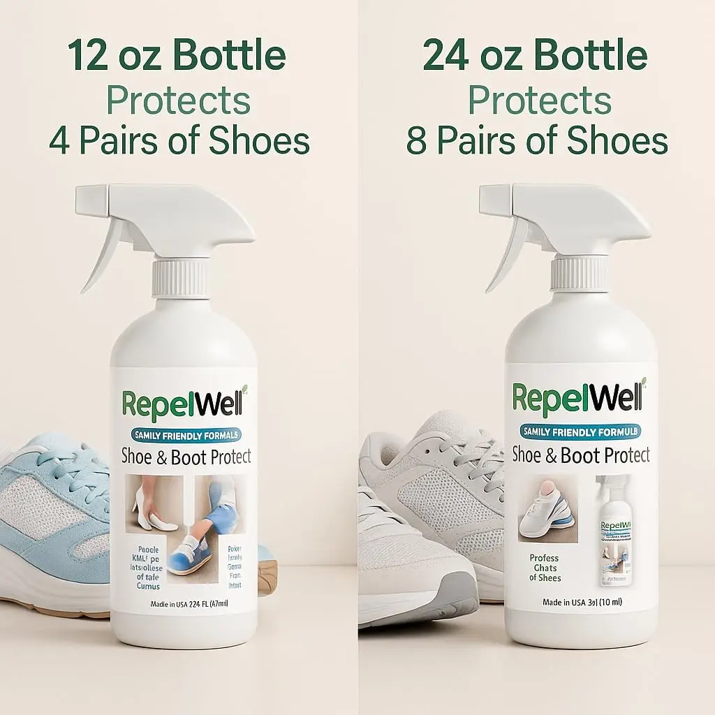 REPEL WELL 12 oz Stain Guard & Water Repellent Spray for Leather, Suede, Fabric & Heels - Eco-Friendly, Pet-Safe, Fragrance Free Hydrophobic Formula, Cleats, Dress Shoes, Ballet Slippers, Mud, Water Resistant, Multi-Material, Dirt, Footwear