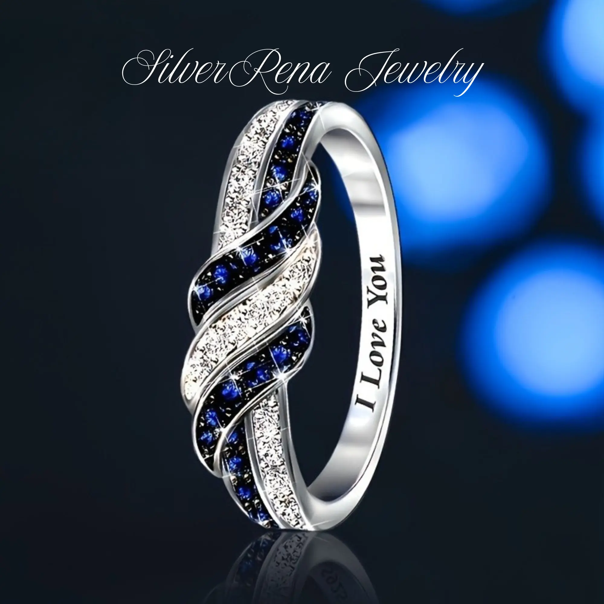 S925 Twisted Infinity Love Ring - Simulated Sapphire and Clear Cubic Zirconia, Sterling Silver with 'I Love You' Engraving, Elegant Gift for Women & Mothers