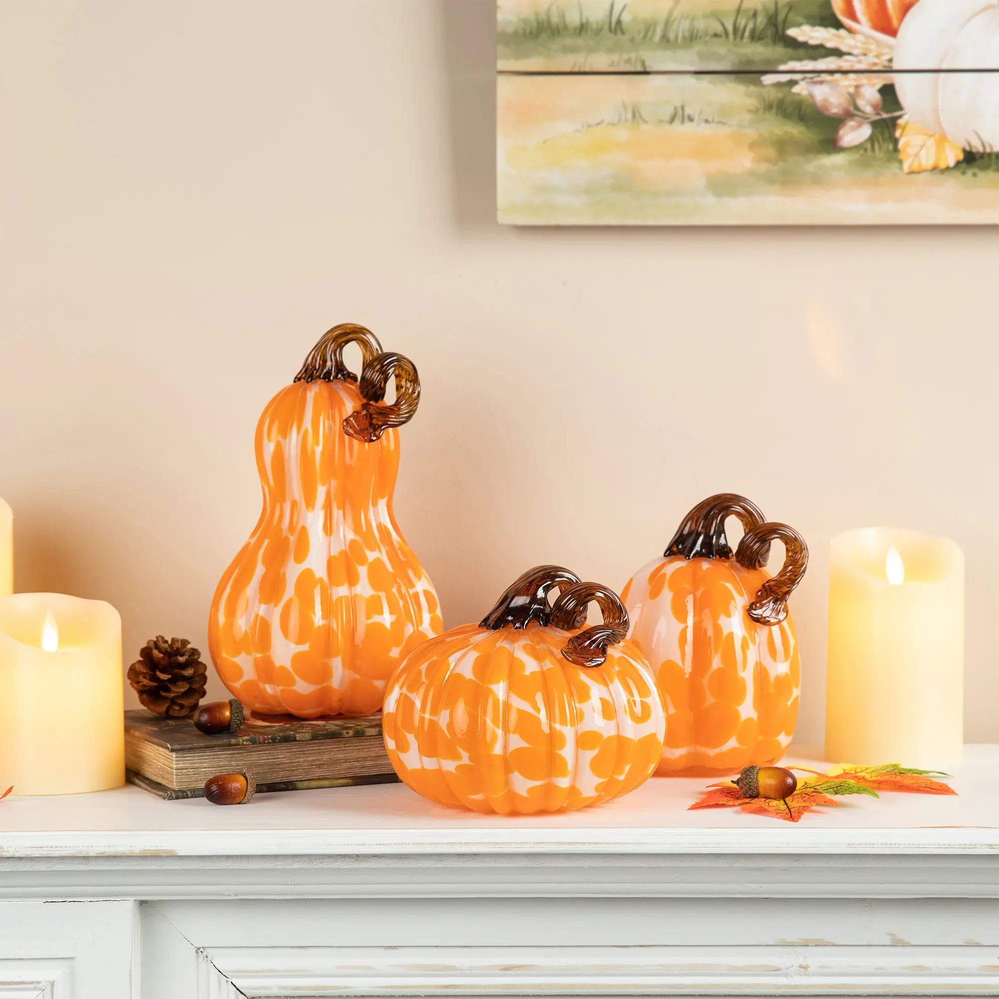 Glitzhome Handmade 3-Piece Orange Glass Pumpkin & Gourd Halloween Decoration Set, Home Supplies with Assorted Sizes: 5.0in LxWx8.5in, 4.75in L*4.75in W*6.00in H, 6.0in LxWx5.0in (Oval-Infused Design), 4.75"L*4.75"W*6.00"H