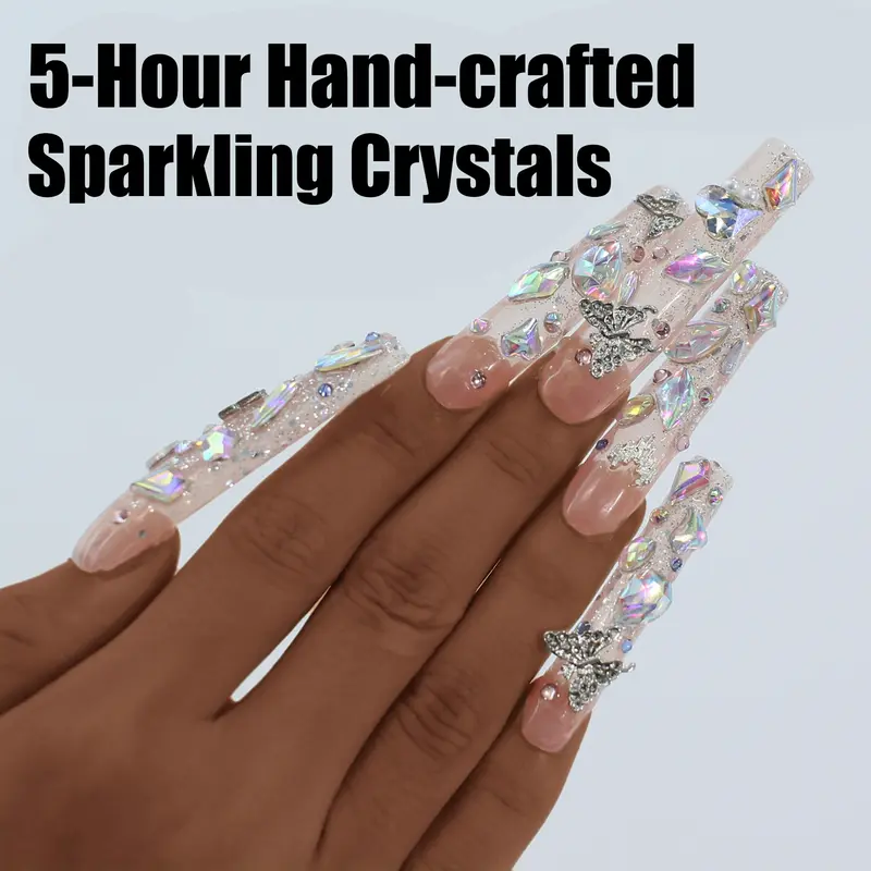 Nude Glitter Press on Nails Long Square - Handmade Acrylic 3D Silver Butterfly & AB Rhinestones - Reusable Salon Quality Fairycore 10Pcs