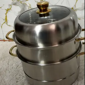 3-Tier 28cm  Steamer and Pot Set with Gold Handles and Glass Lid for Efficient Cooking.     28cm, 4.8lb