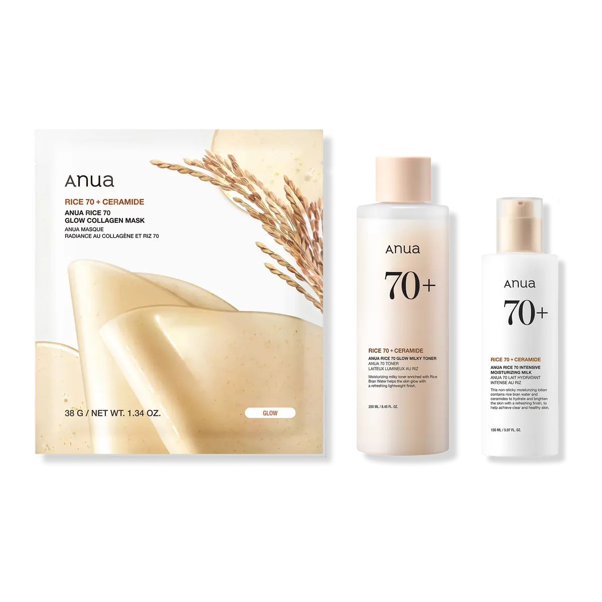 Anua Korean Rice 70 Skin 3-Step Routine - Intensive Moisturising Milk, Milky Toner And Glow Collagen Mask