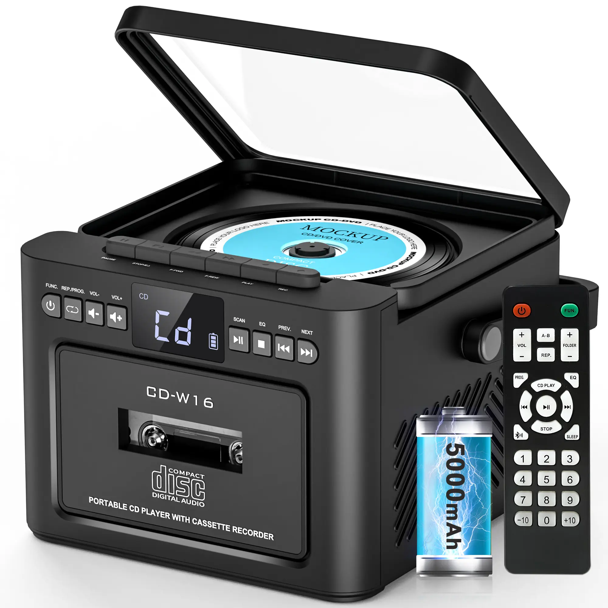 Greadio 9-in-1 Rechargeable CD Player Boombox - Mini Portable ABS Surround Sound Multi-Format Stereo System with Cassette, Wireless Bluetooth, FM Radio, USB/TF/AUX, 5000mAh Battery, Remote Control, LED Screen, Universal for Elderly, Home & Outdoor Use
