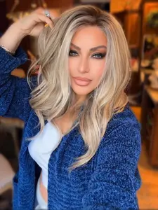 MACA BAKA Ella Beige Blonde Layered Short Ombre Highlight Lace Front Wig with Scandinavian Hairline Low Density 14 Inches Natural Wavy Mixed Dirty Blonde Brown HD Synthetic Lace Front Wigs for Women Pre Plucked