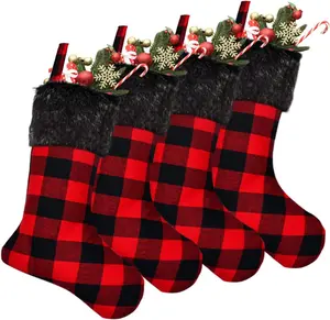 Senneny Christmas Stockings- 4 Pack 18" Red Black Buffalo Plaid Stockings with Plush Faux Fur Cuff, Classic Large Christmas Stockings Decorations for Family Christmas Holiday Party Decor