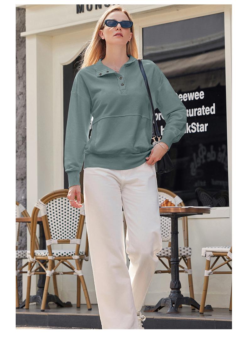 Shewin 2026 Spring Oversized Ribbed Pullover Women's Button-Down Sweatshirt with Kangaroo Pocket Comfy Casual Layering for Spring Outfits Breathable Soft Cozy Material - Everyday, Womenswear