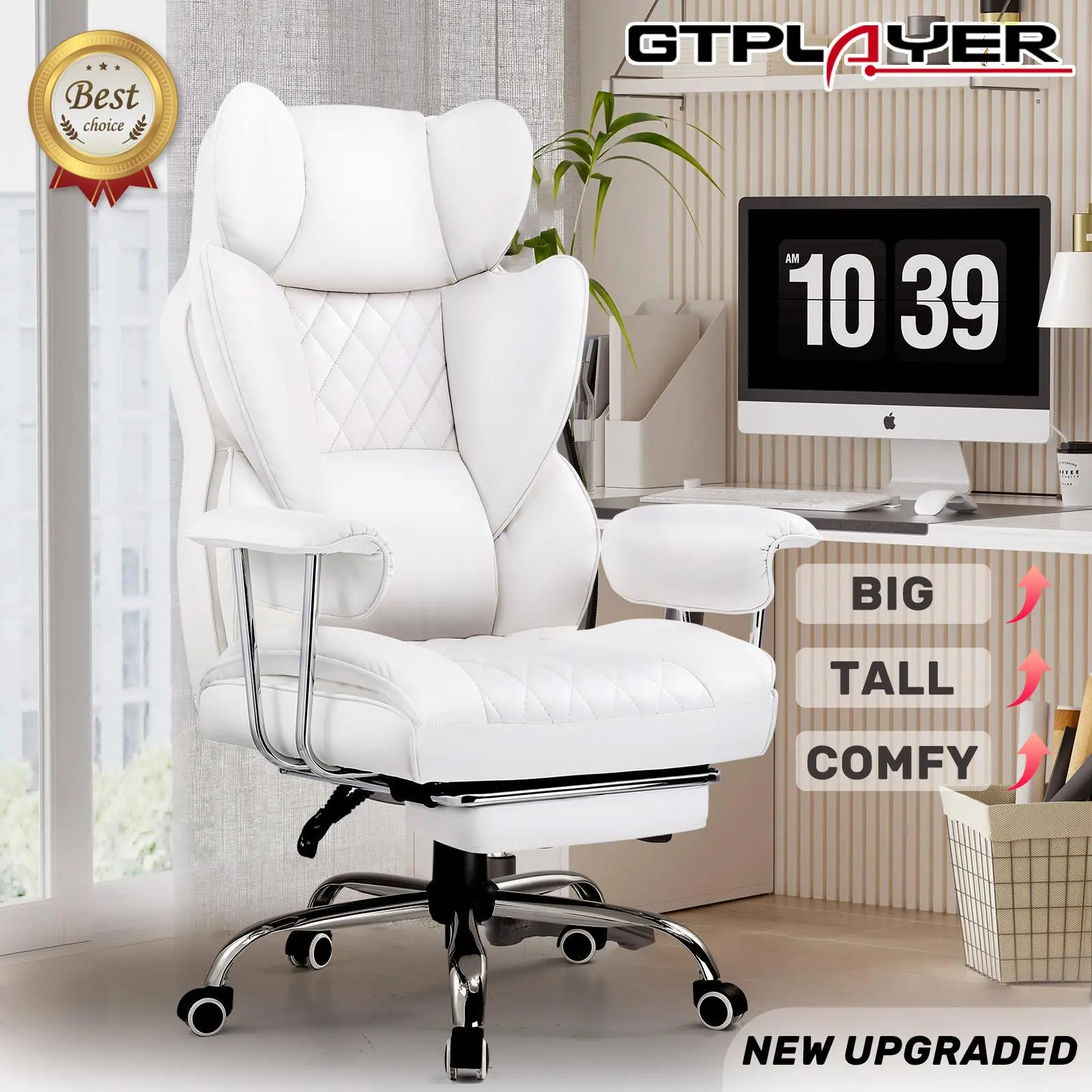 GTPLAYER Big and Tall Comfy Ergonomic Office Desk Chair - Adjustable Seat Height, Wide Seat, Pocket Spring Lumbar Support, Outward Fixed Soft Armrests, Footrest, WFH Setup Posture Fix Relaxation Chair (New Year Sale), Height Adjust, Leather/Metal