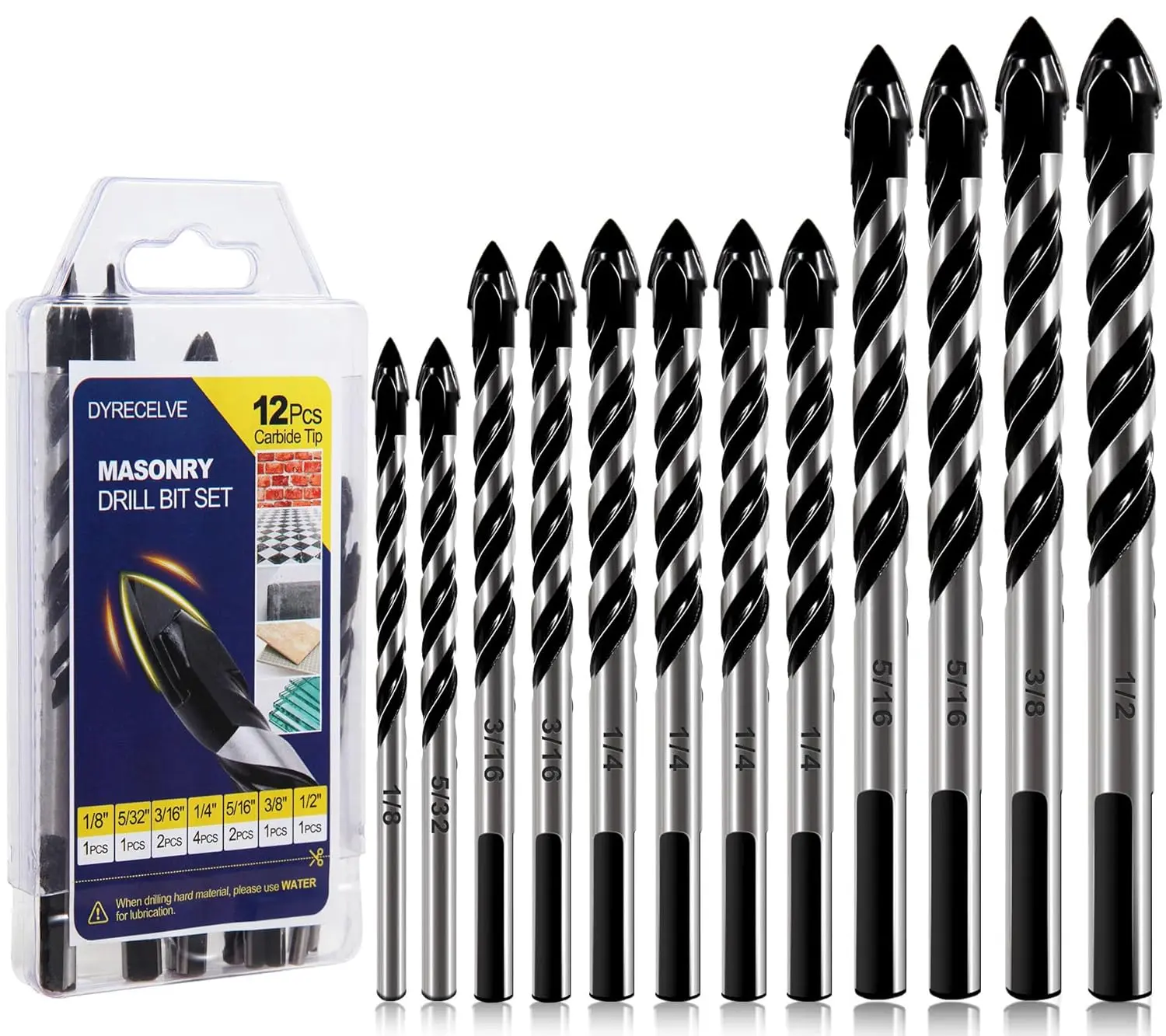 12-PCS Masonry Drill Bit Set & Concrete Drill Bit Set, 1/8 to 1/2 inch Professional Carbide Drill Bits Tip for Glass, Tile, Brick, Cement Concrete Plastic Wood etc. Masonry Drill Bits Set by