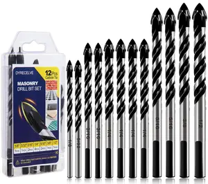 12-PCS Masonry Drill Bit Set & Concrete Drill Bit Set, 1/8 to 1/2 inch Professional Carbide Drill Bits Tip for Glass, Tile, Brick, Cement Concrete Plastic Wood etc. Masonry Drill Bits Set by