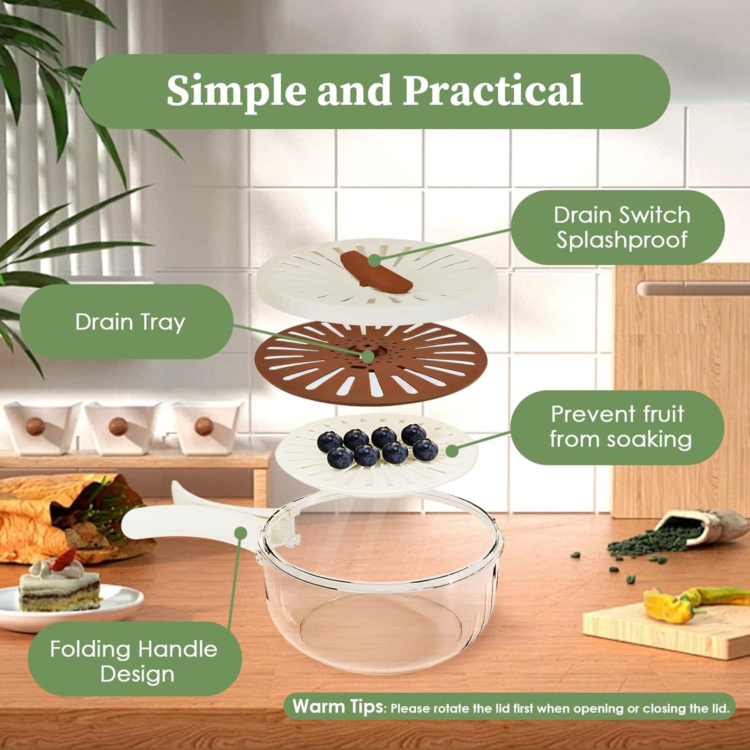 Drain Basket Keeper Container Practical Fruit Colander Foldable Handle Food Storage Container Removable Basket for Strawberry, White