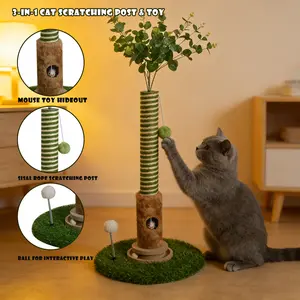 【tiktokshopmemorialday】39" Natural Sisal Scratching Posts with Fake Leaves & Turntable Ball – Indoor Cat Play Furniture Easy installation spacesaving cattree interactive toy