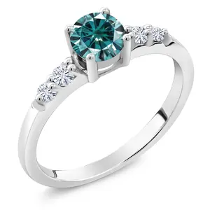 Gem Stone King 925 Sterling Silver Blue Moissanite and White Lab Grown Diamond Engagement Ring For Women (0.65 Cttw, Round 5MM, Gemstone Birthstone)
