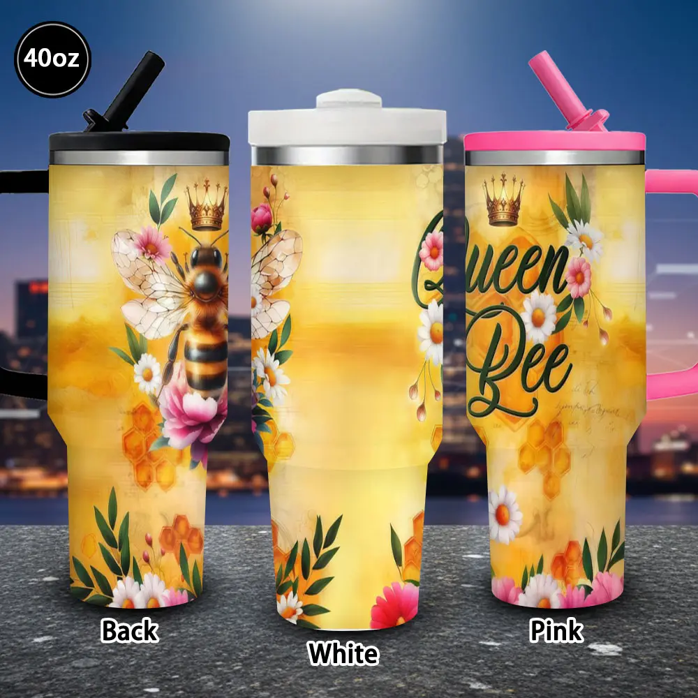 1pc 40oz Single Queen Bee Floral Insulated Vacuum Flask Tumbler with Lid+Straw, Portable Winter Travel Mug, Coffee Cup for Office, Gift Idea for Women, Flasks