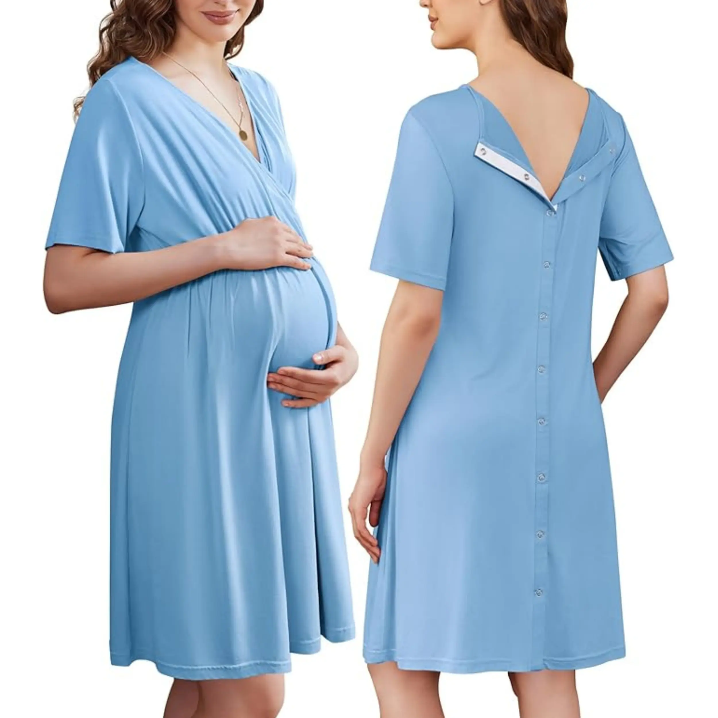 Ekouaer Women's Maternity Clothing Basic Stretchy V-Neck Short Sleeve Labor & Delivery Gown - Polyester Blend, Nursing Access, Split Front, Elastic Waist, Button Back, for Postpartum, Hospital, Nursing Mothers, Pregnancy, Skin-to-Skin Readiness