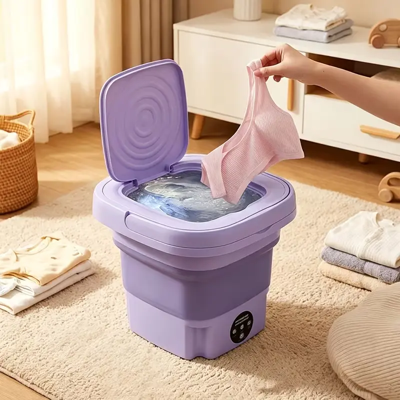 Foldable Light Mini Washing Machine, 2.11-Gal Large Capacity Semi-Automatic Washer with 3-Mode Deep Cleaning, Gentle Spin-Drying & Self-Wash Functions, Suitable for Socks, Towels & Delicate Items (Purple) Portable