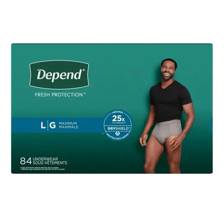 Depend Fit-Flex Men's Incontinence Underwear, Discreet Plain Mid-Waist Briefs, Maximum Absorbency, High-Capacity, Size L, 84 Count, Menswear, Casual Concealment