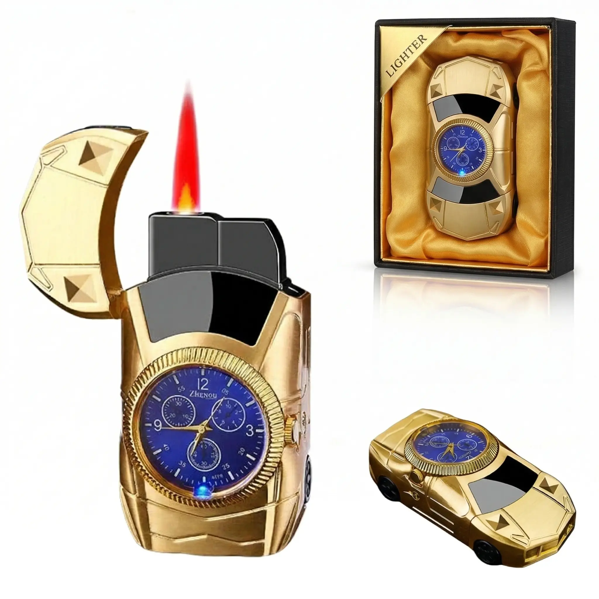 Retro Gold Jet Torch Lighter - Unique Car & Watch Design, Windproof Refillable Butane-Free, Flame Adjustment Wheel, Charcoal Grill Lighter Accessory, Thanksgiving Cool Gifts for Guys (Birthday for BF, Anniversary for Him), Butane Gas, Men's Stuff