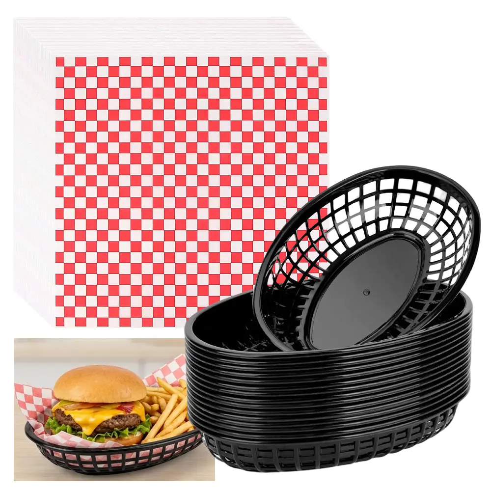 15PCS Black Oval Fast Food Baskets, Food Serving Tray for Sandwiches, Burgers, Nachos, Fries, Hot Corn Dogs, Plastic Storage Basket Bin, with 100pcs Food Basket Liners