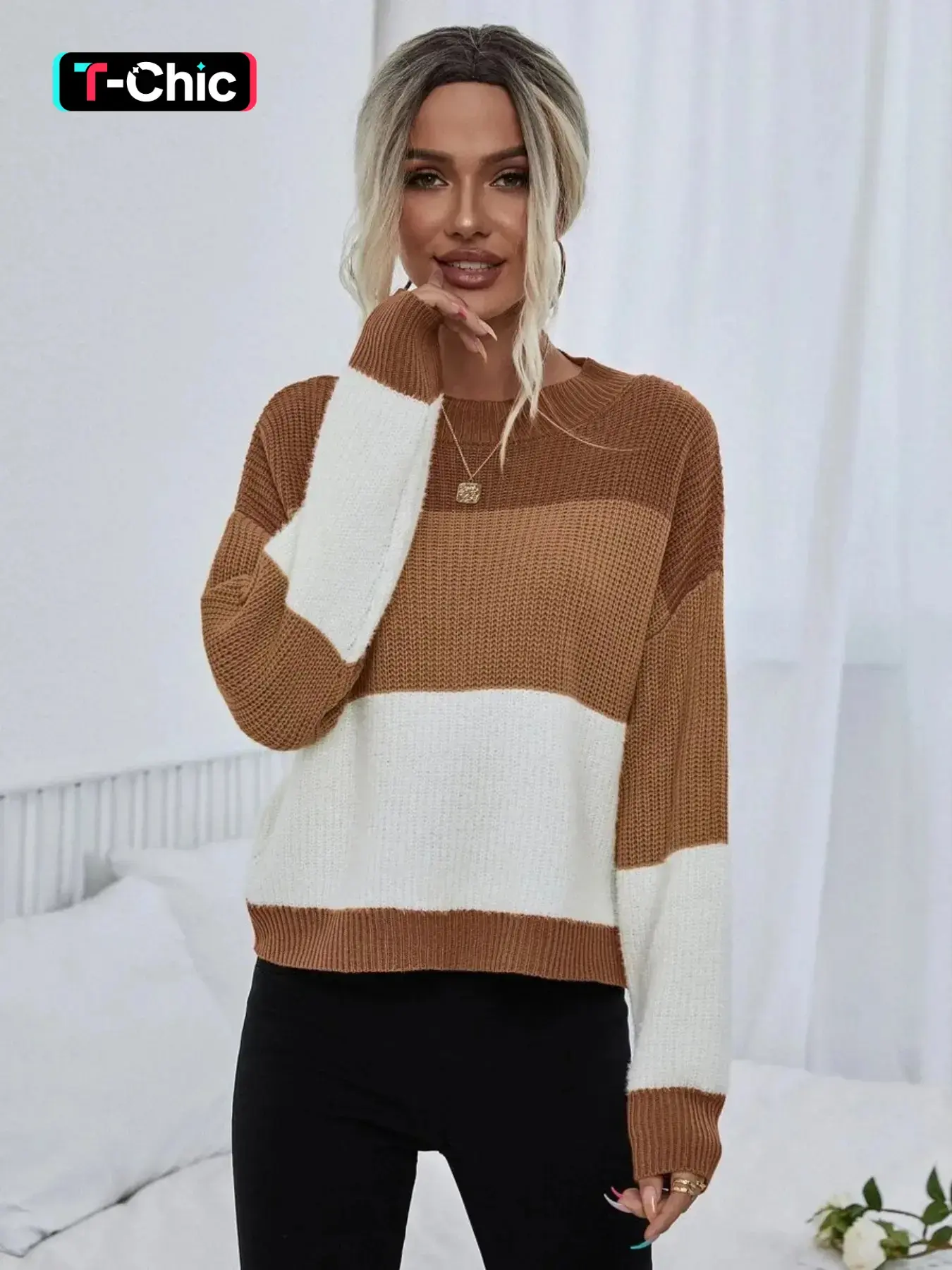 Women's Soft Faux Fur Striped Colorblock Sweater, Casual Round Neck Long Sleeve Drop Shoulder Pullover, Fall & Winter Fashion