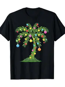 Casual short-sleeved round neck T-shirt with black Christmas tree print, suitable for both men and women. Perfect for holiday parties, this unisex street style top is lightweight, loose-fitting, and has a smooth texture. It is an eye-catching fashion