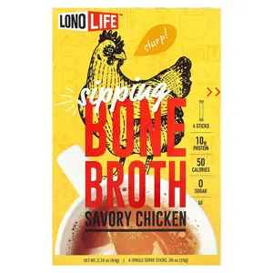 Lonolife Sipping Bone Broth, Savory Chicken, 4 Single Serve Sticks, 0.56 oz (16 g) Each