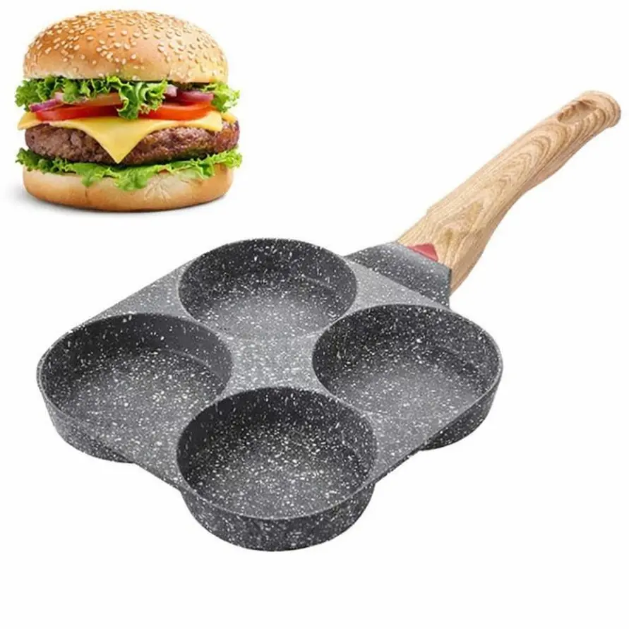 Thickened nonstick egg frying pan; four-hole flat pan with handle; multifunctional nonstick egg pan/skillet with wooden handle made from medical-grade stone