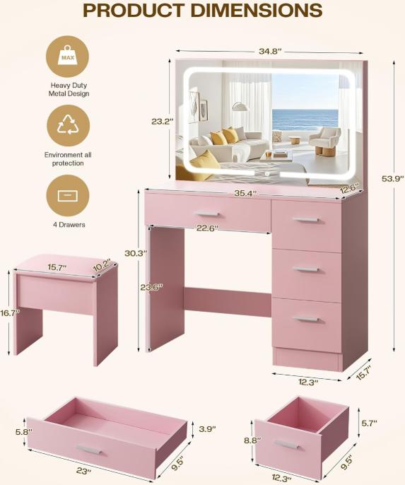 WeCharmer Vanity Desk Set with Square Mirror, 23.62''D x 15.74''W x 53.93''H, Includes 2 Drawers, 3 Storage Shelves & 2 Closed Storage Dividers Furniture Bedroom Modern Table White Organization Aesthetic Design Minimal