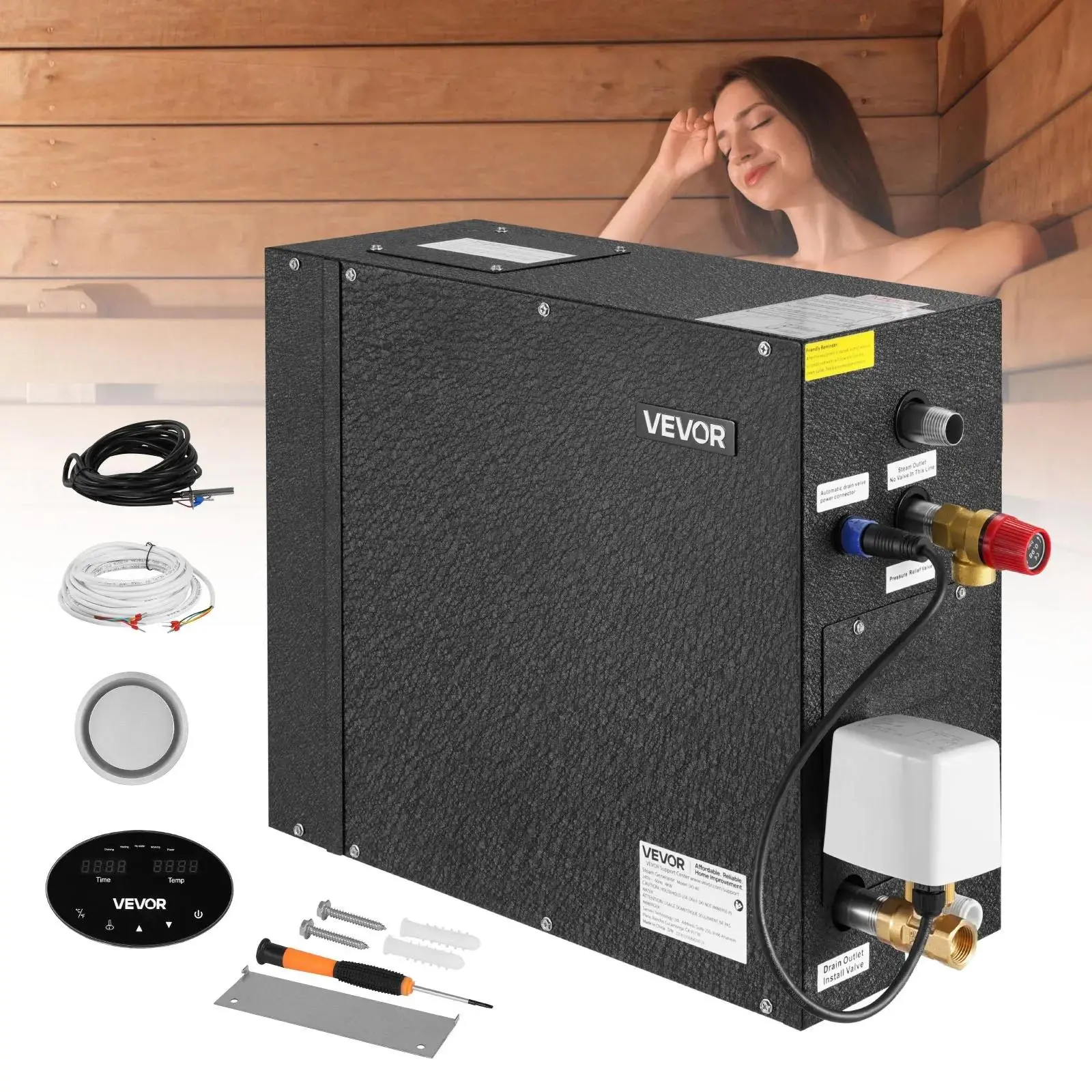 VEVOR 4 kW Compact Metal Home Sauna Spa Steam Generator with Digital Controller, Plug-In, Fast Continuous Steam, Stainless Steel Auto Drain Kit, Dry-Run/Overheat/Overpressure Protection, 10 Min-24h Efficiency, Hassle-Free Installation, Black#BackToSchool
