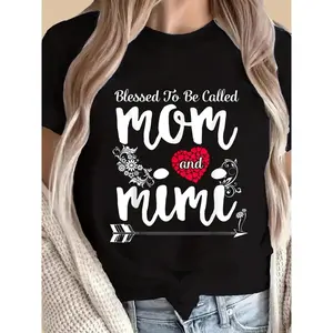 Mother and Mimi'S Blessing Ladies Casual Heart and Floral Pattern TShirt Short Sleeve Top Perfect MotherS Day Gift for Spring and Summer Everyday Loose Fit Glossy Finish
