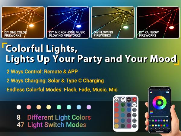 HOOOWOOO 15FT Solar LED Patio Umbrella with Base & Crank - Outdoor Market Umbrella for Garden, Deck, Backyard, Pool, Beach - Durable Water-Resistant Fabric, Adjustable Lighted Umbrella