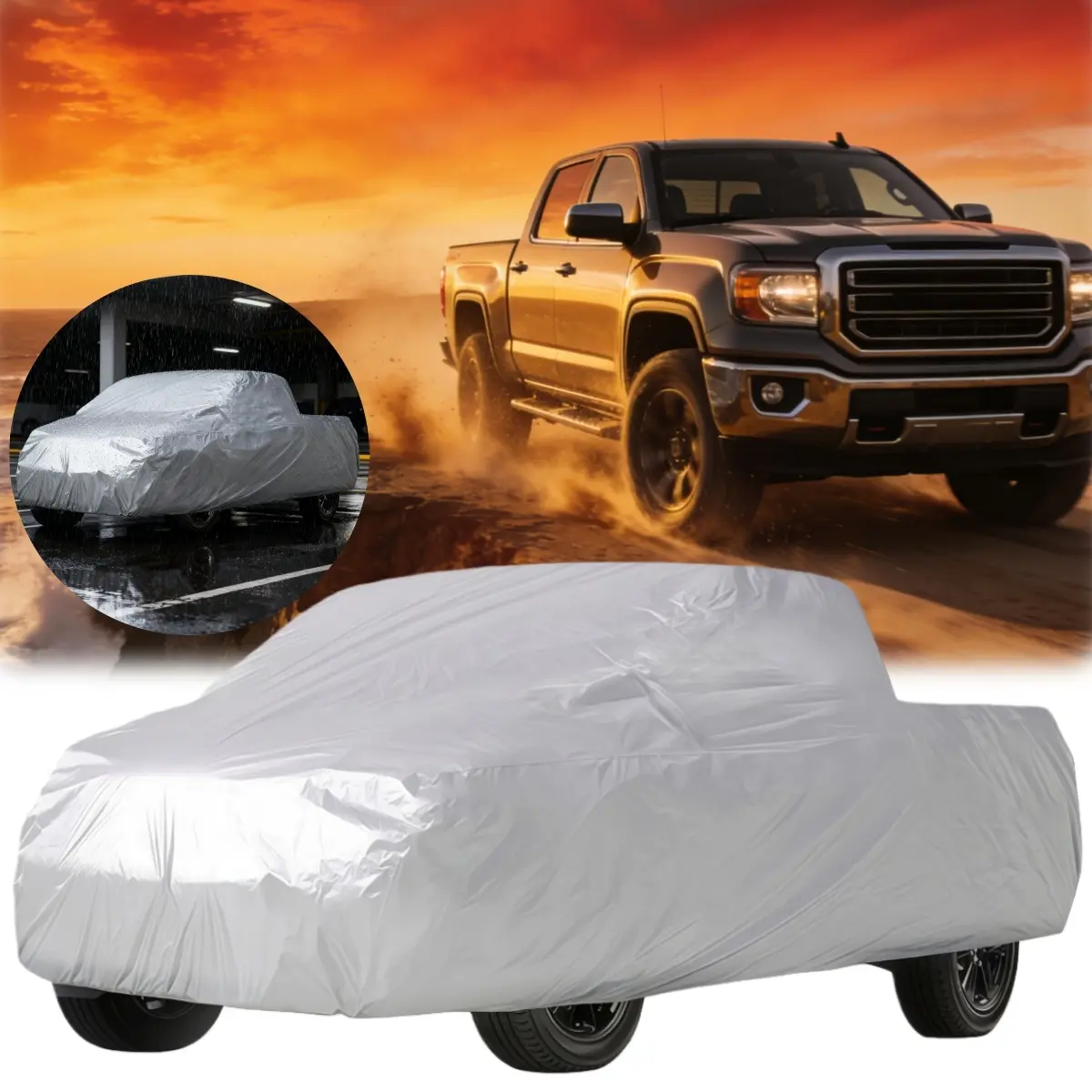 For GMC Canyon 6 Layers Heavy Duty Pickup Truck Cover, 170T Polyester Taffeta Full Coverage Silver Cover, All Weather Waterproof Anti-UV Rain Snow Dust Windproof Outdoor Car Cover, Scratch Resistant All Season UV Protection Pickup Truck Exterior Protector