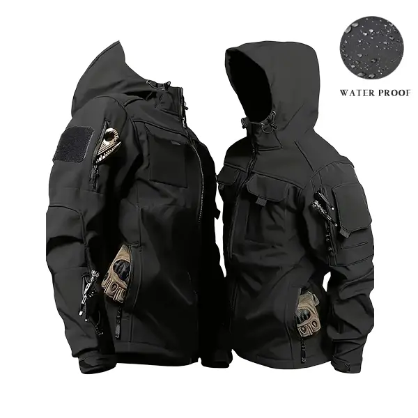 Men’s waterproof tactical hooded jacket with multiple zippered pockets, softshell fabric windbreaker, military-style zip-up top suitable for hunting, hiking, and outdoor wear.