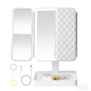 Tri-fold Lighted Vanity Makeup Mirror with 10X/3x/2x Magnification, LED Light and Touch Screen, 180 Degree Free Rotation Countertop Cosmetic Mirror,Travel (White)