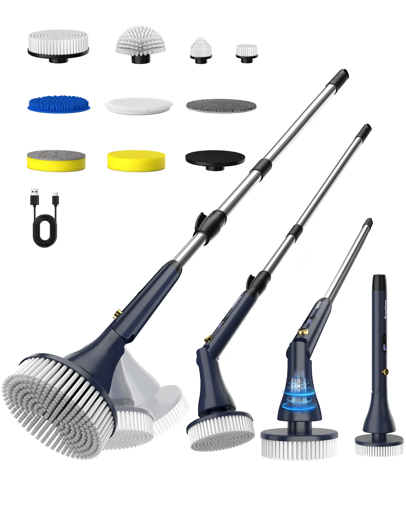 MayKing Electric Spin Scrubber with 9 Brush Heads, 3-Angle & 4-Length Adjustable Cordless Power Scrubber, 3-Speed & Battery LED Display, Electric Scrubber for Cleaning Bathroom Bathtub Floor Tiles