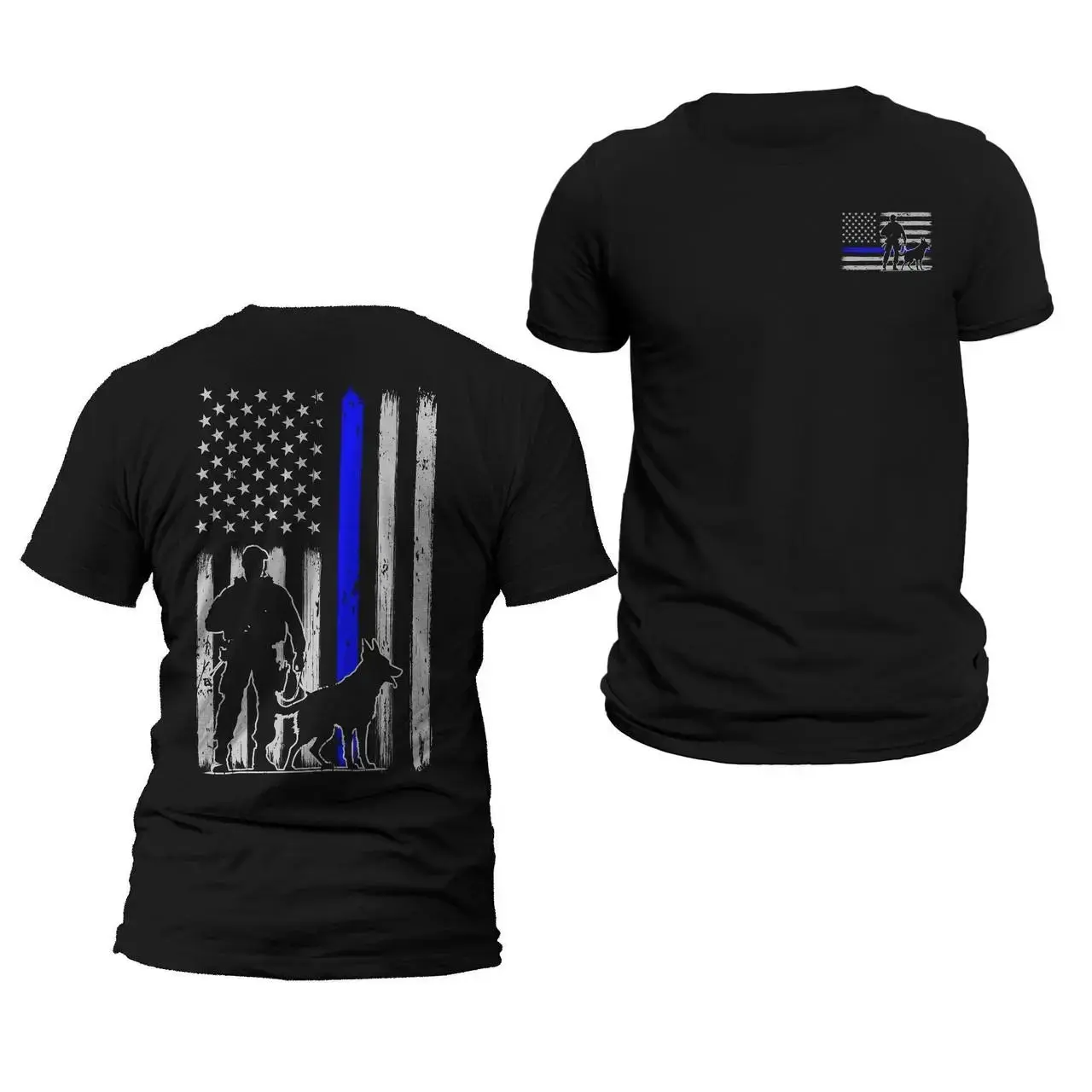 Police K-9 Unit Thin Blue Line Flag Front & Back Print Vertical Brushed Design T-Shirt Casual Classic Crewneck Menswear,shop