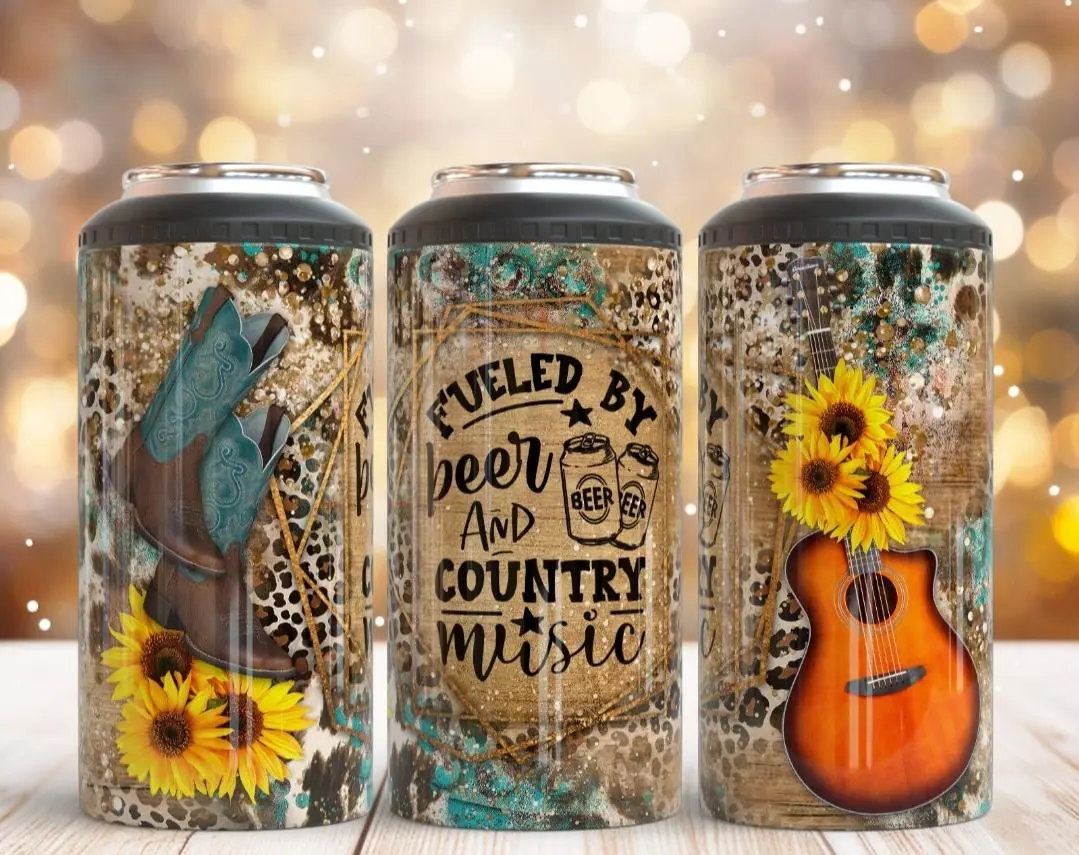 4 in 1 Insulated Can Cooler Flask - For Bottled Beverages, Drink Use, Fueled by Beer and Country Music