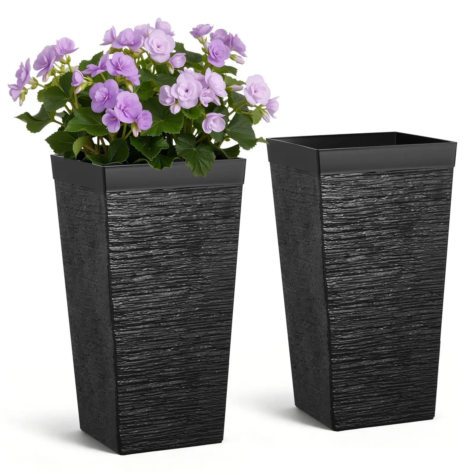 VEVOR 2-Piece Taper Planter Set, 23-Inch Tall Striped Plastic Modern Flower Pots with Built-In Casters, Inner Pot, Drainage Holes, Root-Rot Reduced, for Outdoor/Indoor Garden Decor, Black