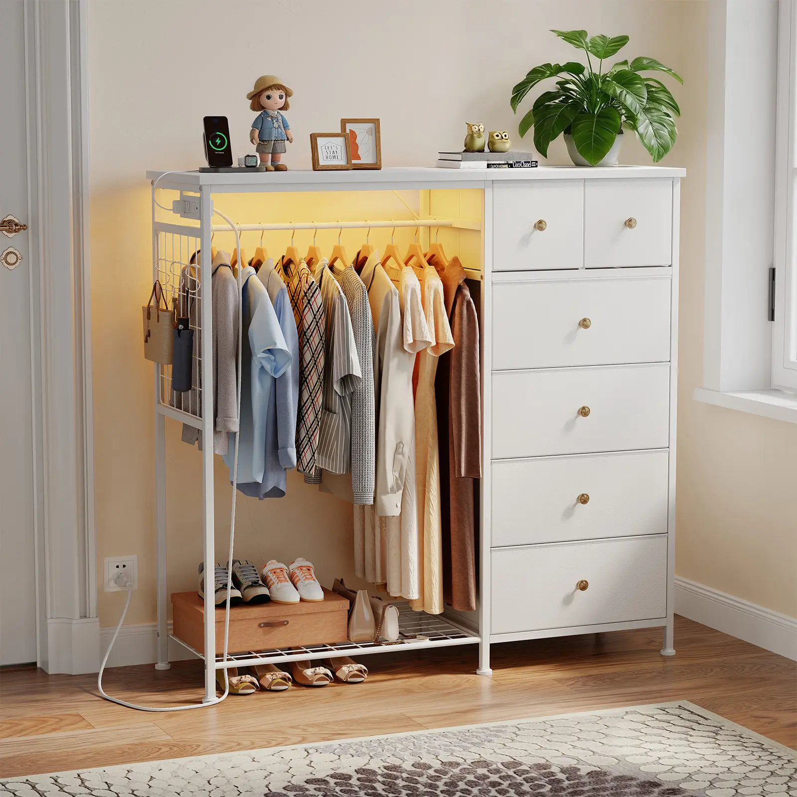 Dresser With Hanging Rack，Closet Organizer,With Hanging Rack With LED Lights & Charging Station,Wooden Top, for Home Living Room