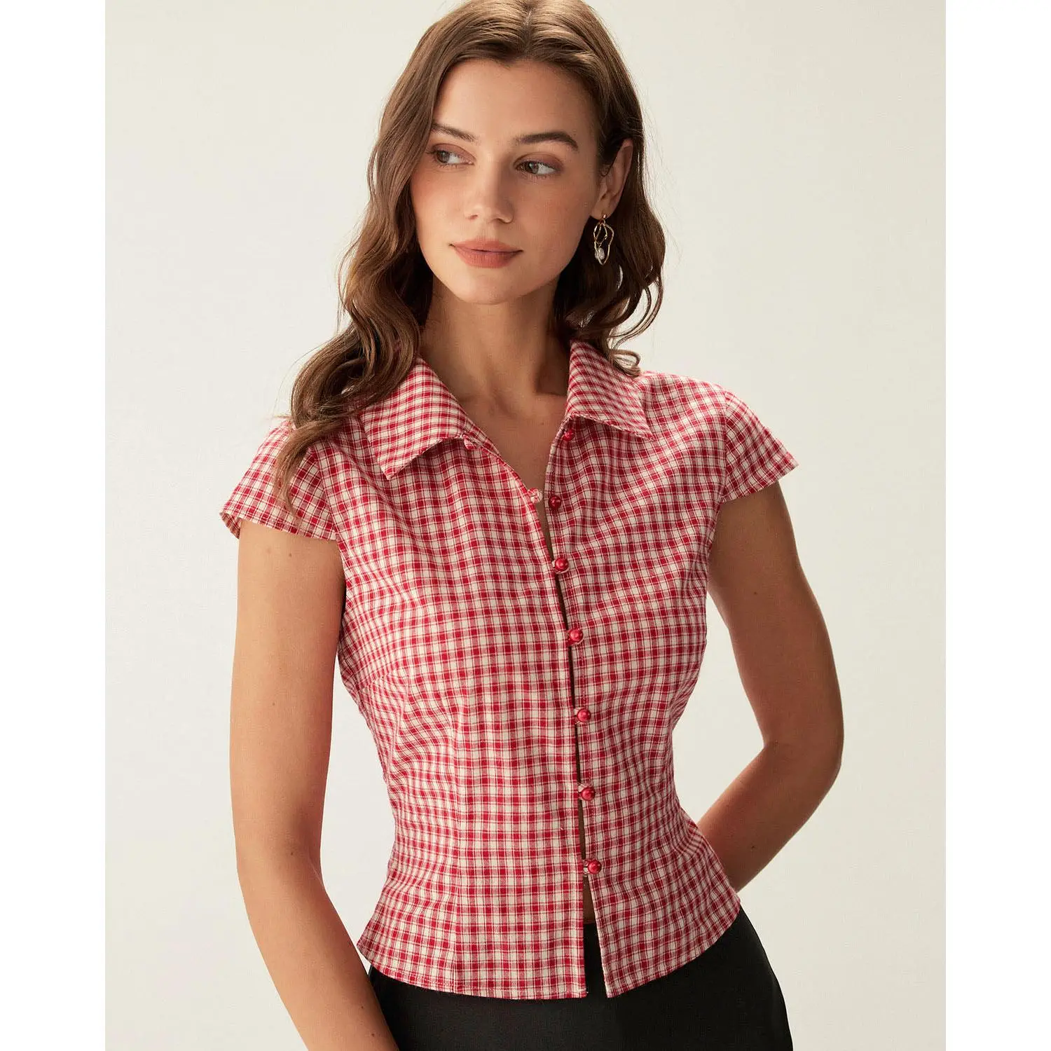 RIHOAS Women's Preppy Plaid Blouse, Casual Button-Down Cap Sleeve Top for Office Wear in Fast-Drying Polyester, Shortsleeve, Checkered, Alt Outfits, Classy Tops, Tops For School