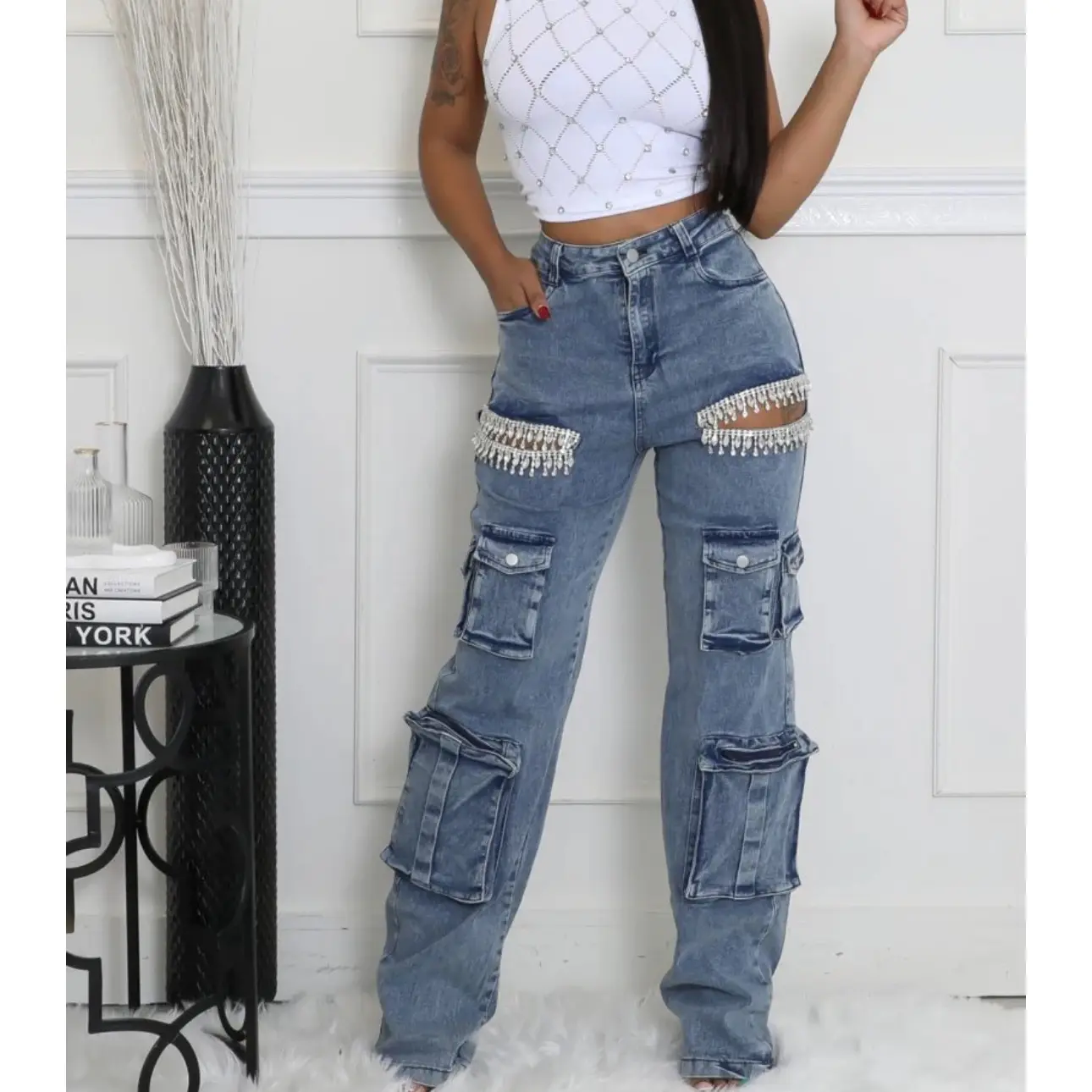 Rhinestone Eye Cargo Jean