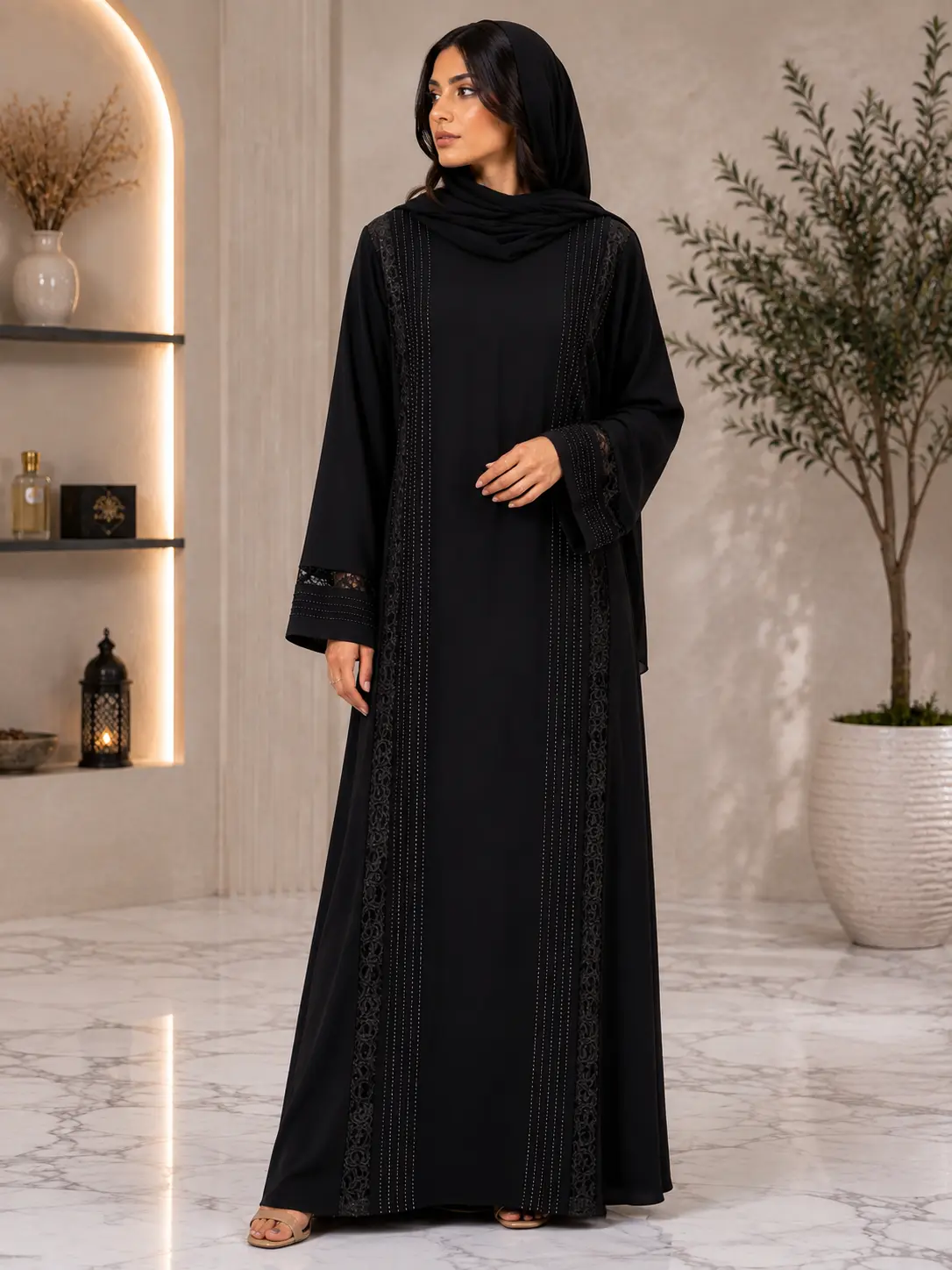 Women's Islamic Elegant Black Closed Abaya - Rhinestone, Lace Embellished Trim, Size 60