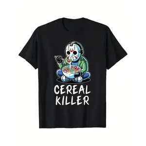 Men's Fun Horror Cereal Mix Graphic T-Shirt, Fun Cereal Killer Shirt - Black Loose Street Trend T-Shirt - Machine Washable Four Seasons Casual Top for Halloween and Comic-Con - Gift for Horror Fans, Halloween Costume, Breathable Clothing, Playful Design,