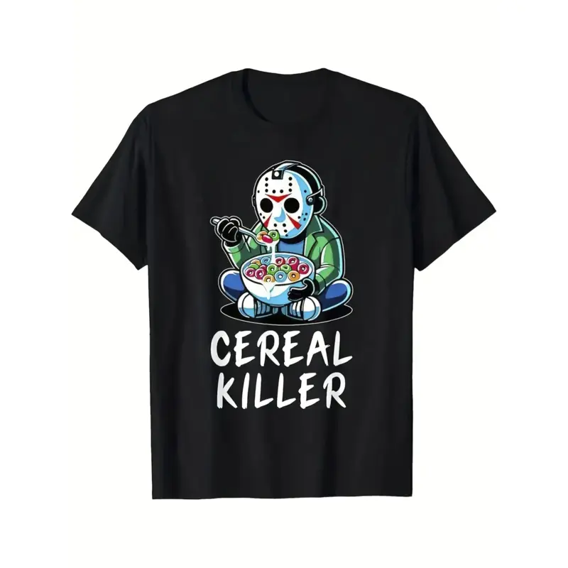 Men's Fun Horror Cereal Mix Graphic T-Shirt, Fun Cereal Killer Shirt - Black Loose Street Trend T-Shirt - Machine Washable Four Seasons Casual Top for Halloween and Comic-Con - Gift for Horror Fans, Halloween Costume, BreTrendyTee, VintageTee, CoolTshirt,
