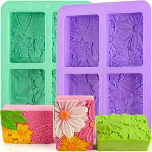 2 Pack Silicone Soap Molds, Rectangle Soap Making Mold, 3D Rectangular Flower Pattern Silicone Molds for Handmade Soap
