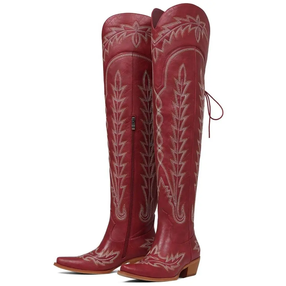 EROCALLI Womens Western Thigh Knee High Cowboy Boots Wide Calf Adjustable Straps  Chic Pointy Toe Block Heel Embroidery Over Knee Western Boots Shoes over Knee High Embroidery Cowgirl Boots summerwins,summerwins,summeroutfits,vacationoutfits,beachoutfits